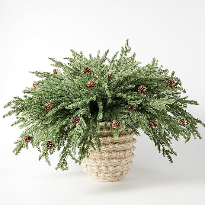 DN DECONATION Artificial Christmas Norfolk Pine Stems, Faux Pine Branches with Cones 22.4" 12PCS - Greenery Fake Pine Needles for Vase Arrangements, Winter, Holiday Indoor Outdoor Home Decor