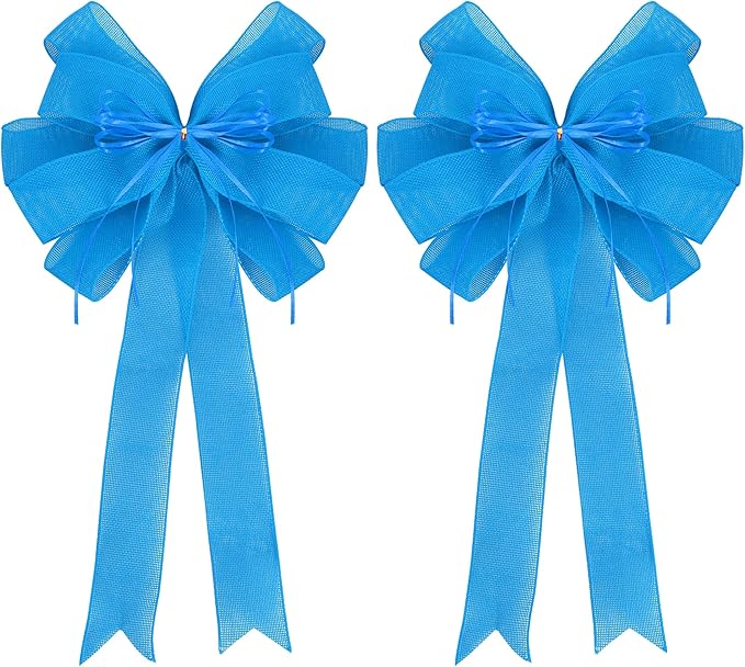 2 Pack Blue Christmas Tree Bows 12x20inch Large Burlap Wreath Bow with Glitter String for Christmas Tree Topper,Home Front Door Decor,Easter Bow,Valentines and Party Decor