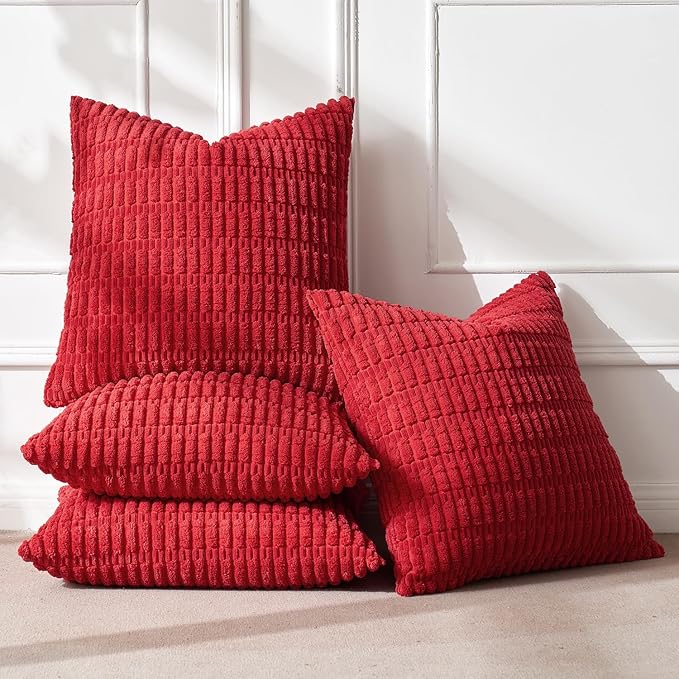 MIULEE Pack of 4 Christmas Red Corduroy Decorative Throw Pillow Covers 18x18 Inch Soft Boho Striped Pillow Covers Modern Farmhouse Home Decor for Sofa Living Room Couch Bed