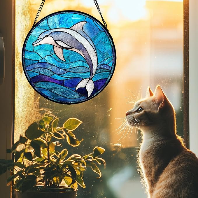 Stained Glass Suncatcher, Blue Ocean Dolphin Sun Catcher Marine Life Stain Glass Indoor Window Hanging Decoration Mother's Day Birthday Gifts for Women Men Mom and Nana 7.8 in