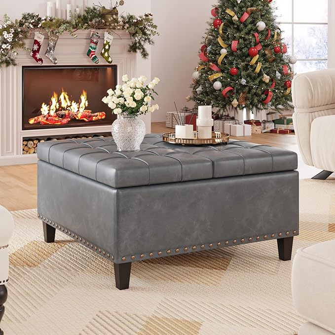 Square Leather Ottoman with Storage, Faux Leather Coffee Table with Lift Top,Large Upholstered Footrest Stool Toy Box Storage Bench for Bedroom Living Room, Grey