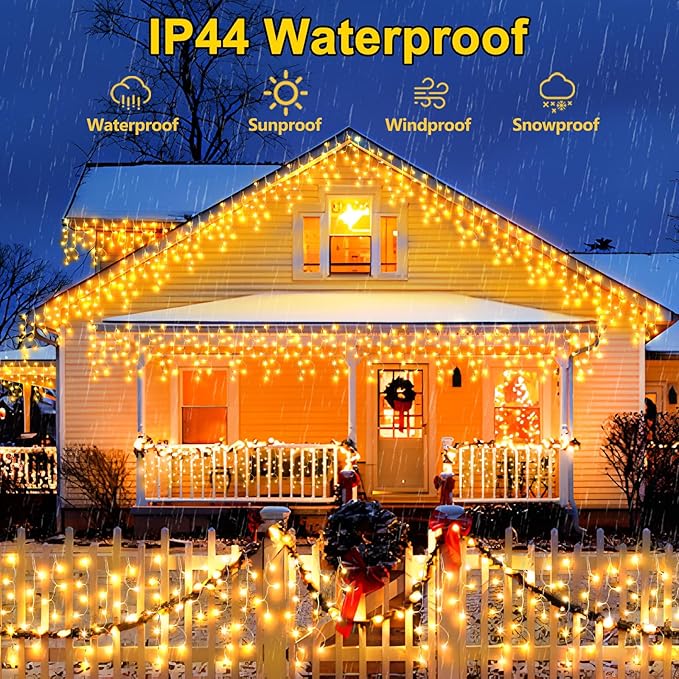 50FT 480 LED Christmas Lights Outdoor Decorations with 90 Drops Timer 8Mode Curtain String Lights Waterproof Plug in Fairy Lights for Indoor,Xmas,Party,Patio,Window,Fence,Trees Decor(Warm White)
