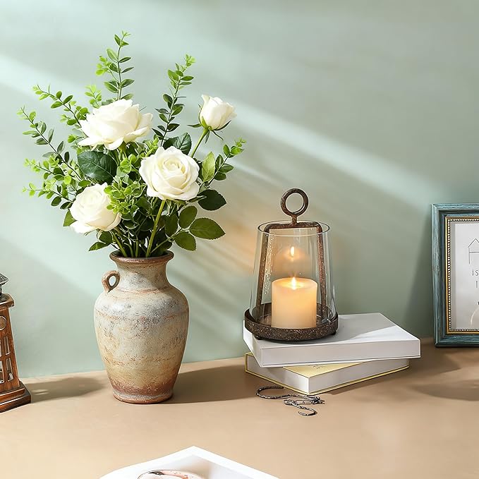 6" Wide Modern Farmhouse Metal Hurricane Candle Holder with Handmade Sturdy Glass Sleeve in Rustic Brown for Pillar Candle & Plants, Glass Hurricane Lantern, Industrial, Minimalistic
