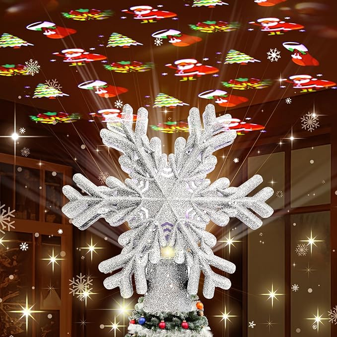 Christmas Tree Toppers Lighted with Silver Snowflake Projector, Built-in 180° LED Rotating Projector Christmas Tree Decoration, Design for Xmas Holiday Christmas Tree Decoration(Silver)