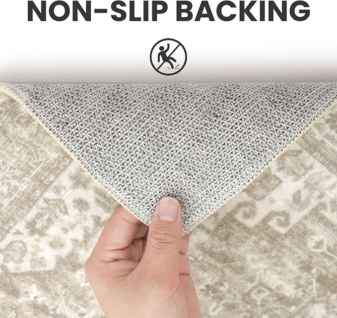 2x3 Washable Printed Rug for Entryway, Light Beige Grey Brown Boho Low-Pile Area Rug Soft Non-Slip Indoor Door Mat, Vintage Kitchen Rug, Oriental Small Floor Carpet for Bedside Entrance