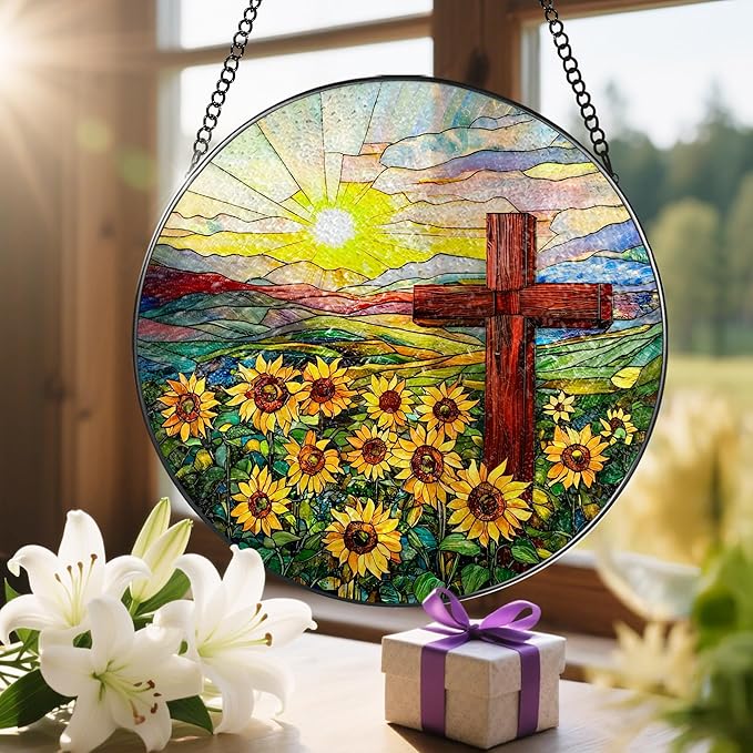 Cross Stained Glass Sun Catcher, Stained Glass Window Hanging, 8 Inch Suncatchers for Windows, Window Hanging Ornament, Easter Faith Home Decor, Cross Gifts, Gift for Religious, Christian Gifts