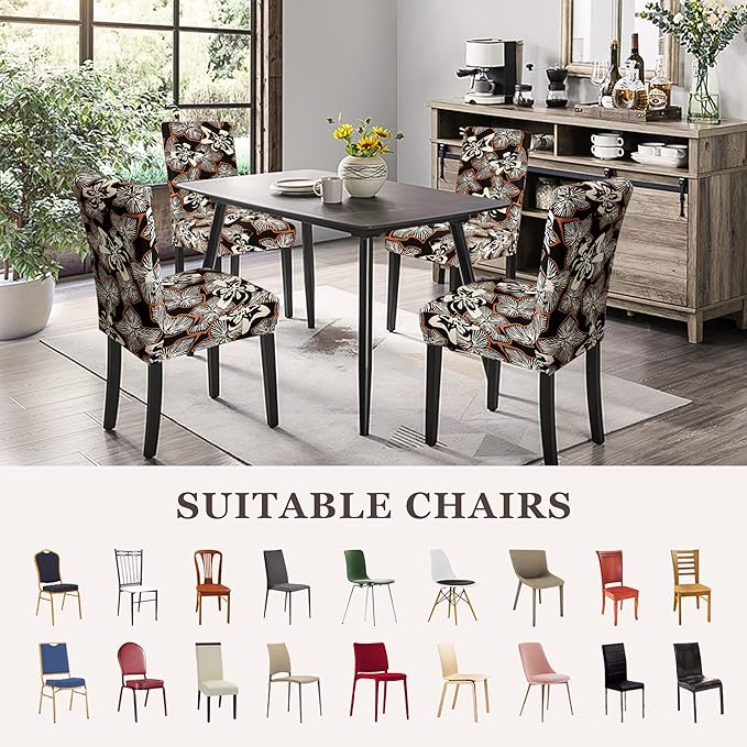 Sufdari Dining Chair Covers,Kitchen Chair Cover,Parsons Chair Slipcover,Spandex Chair Protectors for Dining Room Stretch Chairs Cover Set of 6 -Black Cream Floral