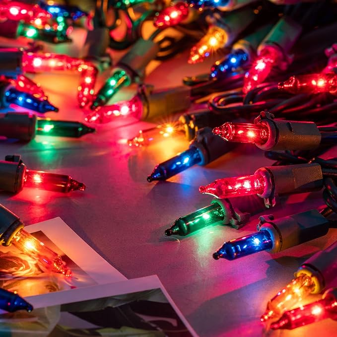 YULETIME 200 Multicolor Christmas Lights, Pack of 2 Sets 33 Feet 100 Count UL Certified Incandescent String Lights (Multicolor - Green Wire)