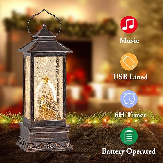12 Inch Nativity Snow Globe Christmas with Music, Glitter Lantern, Christmas Decorations Indoor Home Decor, Snow Globe for Girs, Women (Nativity Scene)