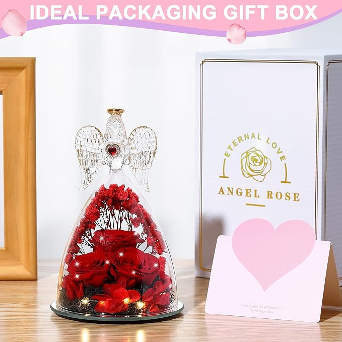Mothers Day Rose Gifts for Women, Large Angel Figurines with Real Roses, Preserved Real Flower Rose for Her, Crystal Red