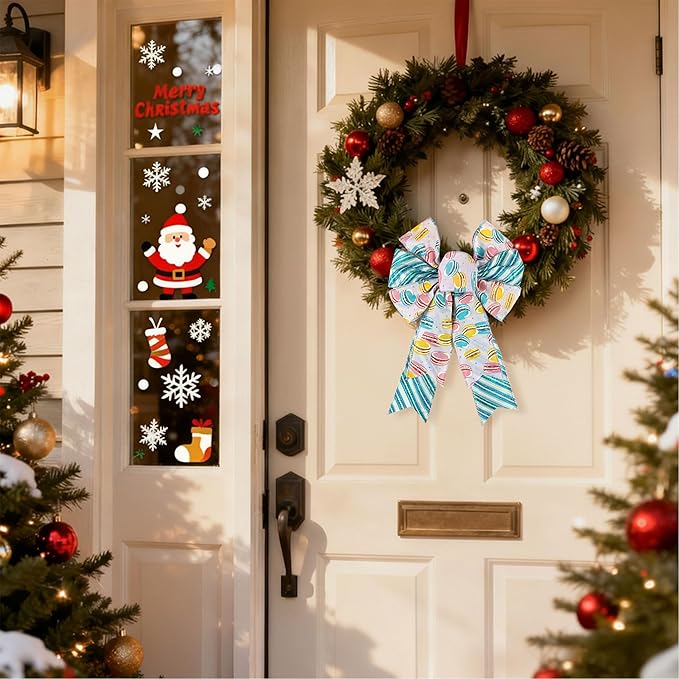 ALIBBON 2 Pcs Christmas Bows for Wreaths, Macaron Christmas Wreath Bows Glitter Blue Stripe Ribbon Bow for Front Door, Christmas Decorations, Xmas Tree Topper Bow for Indoor Outdoor Holiday Decor