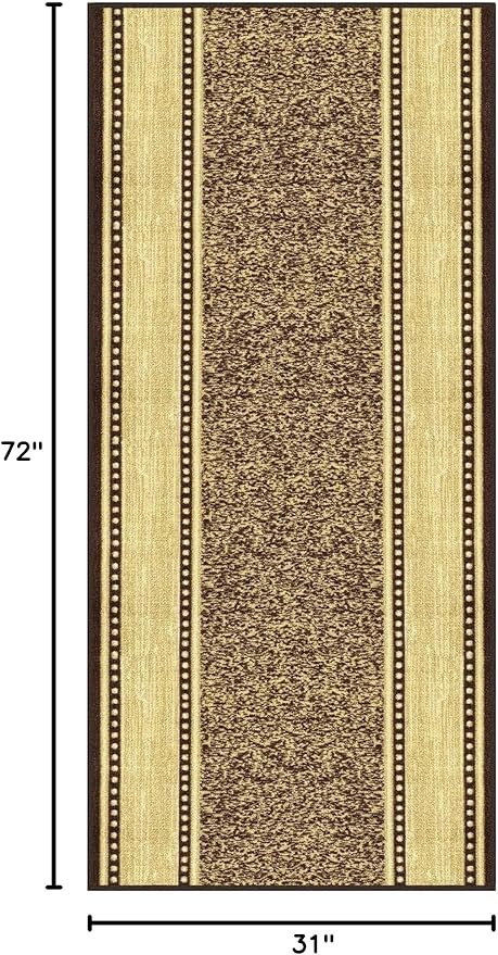 Kapaqua Custom Size Brown Gold Beige Bordered Rubber Backed Non-Slip Hallway Stair Runner Rug Carpet 31 inch Wide Choose Your Length 31in X 6ft