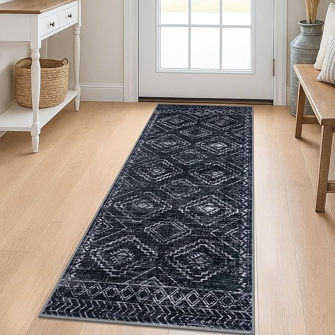 KILOCOCO Boho Kitchen Runner Rug 2x5 Washable Runner Rug, Soft Runners for Hallways Non Slip Printed Distressed Laundry Room Rug, Low-Pile Rug for Entryway/Bedroom/Living Room, Black/Navy