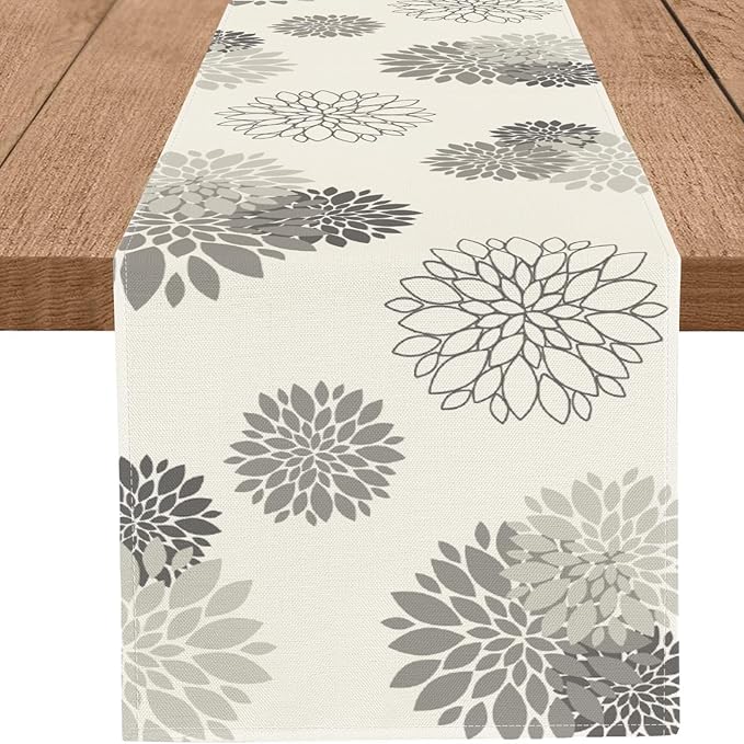 Gray Dahlia Table Runner Modern Elegant Flower Beige Table Runners Geometric Pompon Farmhouse Coffee Table Center Decor for Home Kitchen Dining Party Indoor Outdoor (13x48 Inch)