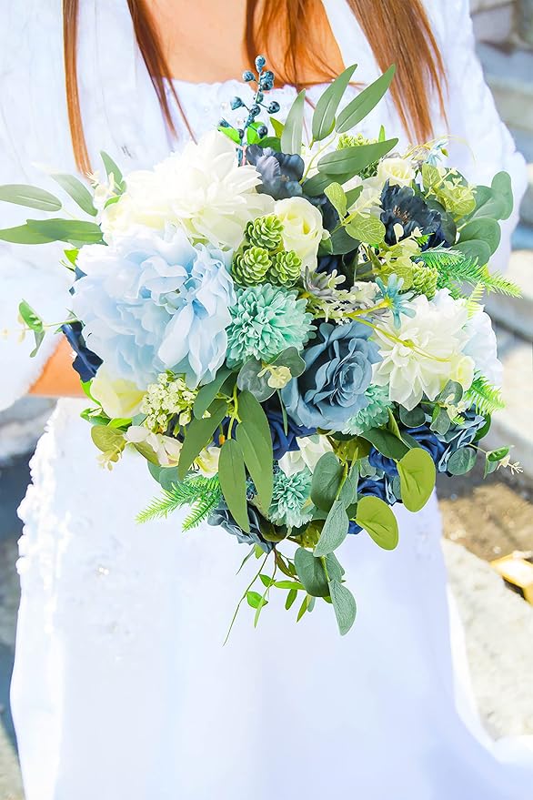 Artificial Flowers Combo Box Set,Silk Fake Flowers Roses Bridal Bouquets Out/Indoor DIY Centerpieces White Flowers for Decoration Arrangements Party Baby Shower Home Cake Decor (White&Blue)
