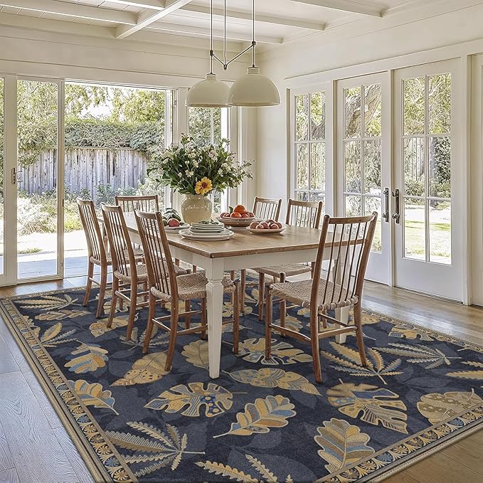 GENIMO 6x9 Area Rugs for Living Room, Machine Washable Non Slip Rugs, Low Pile Lightweight Print Rug for Bedroom, Dining Room, Home Office, Leafy Twilight