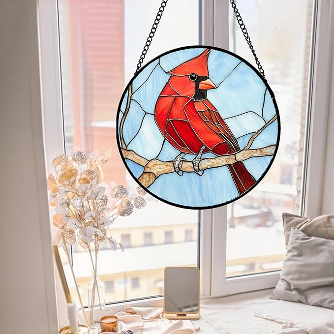 Stained Glass Window Hanging Cardinal Birds 7.8" - Suncatcher Door Garden Sun Catcher Home Decor Christmas Birthday for Bird Lovers Woman Her Nana Wife Men Mom