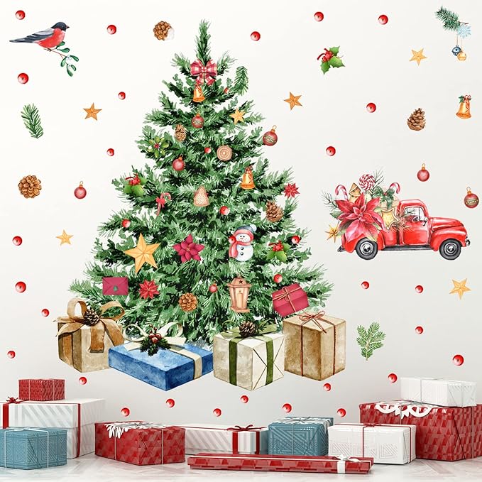 Large Christmas Tree Wall Decals Merry Christmas Wall Stickers Christmas Truck Wall Decals Peel and Stick,Watercolor Pine Tree Stickers for Window Decor Living Room Kids Room Gift Xmas Party Supplies
