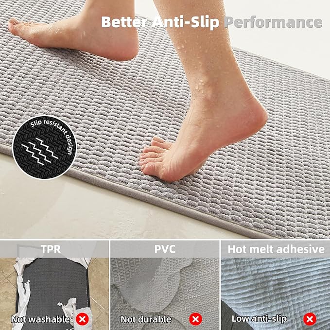 Bathroom Rugs Non Slip Washable, Super Absorbent Thin Bath Mat Quick Dry Low Pile Bathroom Rug, Light Grey 24"x47"