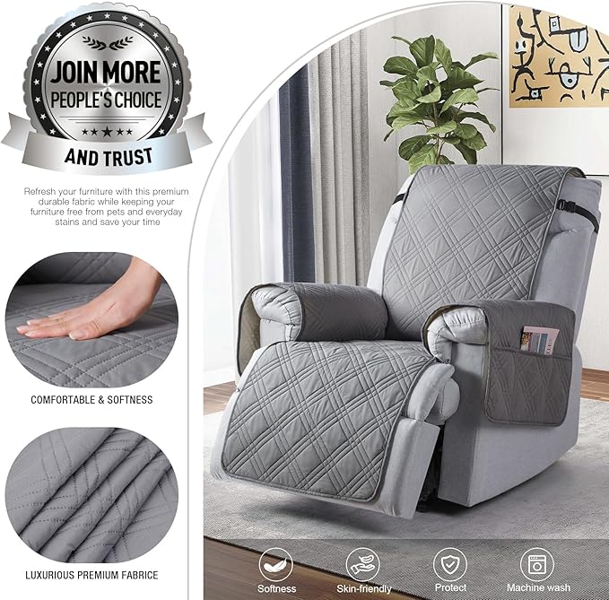 TAOCOCO 100% Waterproof Recliner Chair Cover, Small Recliner Covers for Recliner Chair with Pocket, Non Slip Reclining Chair Cover Furniture Protector for Kids, Pets(20'', Gray)