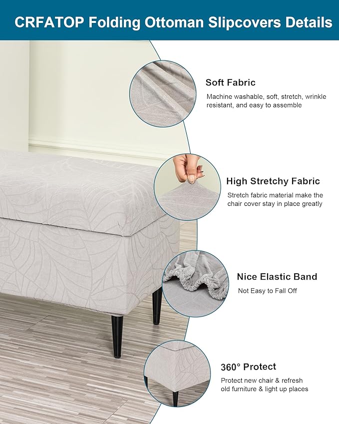 CRFATOP Waterproof Jacquard Ottoman Stool Cover Stretch Folding Storage Footstool Bench Slipcovers Upholstered Foot Chest Chair Covers Washable Entryway Furniture Protector,S,Light Grey