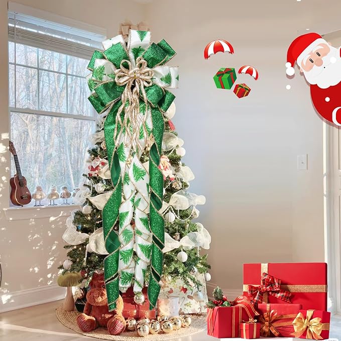 Christmas Tree Topper Bow, 43" Christmas Wreath Bows Green and White Ribbon Ornaments with Tassels Snowflakes and Glitter, Home Decor for Holiday Xmas Decoration Home Parties Wedding Gift