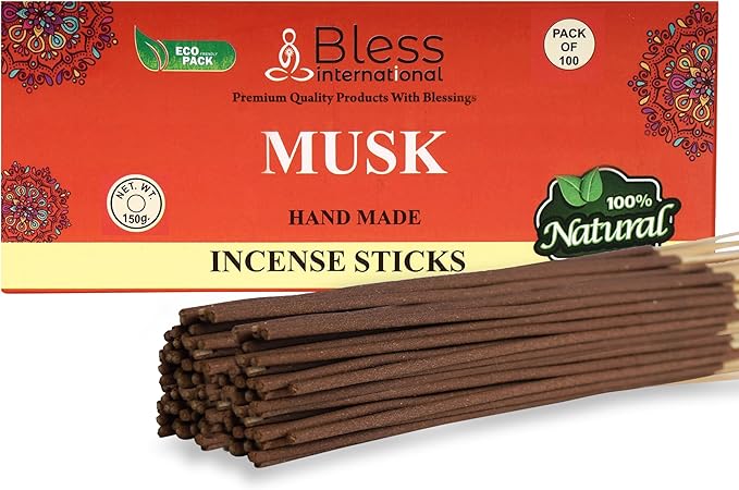 Bless-Musk 100%-Natural-Handmade-Hand-Dipped-Incense-Sticks Organic-Chemicals-Charcoal-Free Purification-Relaxation-Positivity-Yoga-Meditation Best-Woods-Scent (100 Sticks(5.25 OZ))