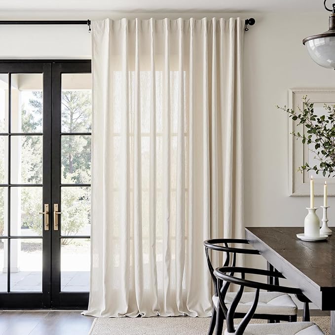jinchan Extra Long Linen Blend Curtain 108 Inches Long 1 Panel for Sliding Door, Light Filtering 100 Inches Extra Wide Patio Door Natural Drape with Rod Pocket Back Tab (100W x 108L, Ecru)