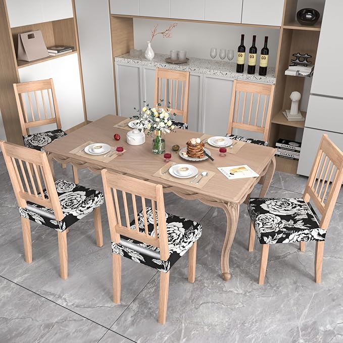 Stretch Dining Chair Seat Covers Set of 4,Dining Chair Slipcovers, Floral Printed Chair Covers,Soft Fabric Washable Upholstered Chair Seat Protector, No Rear Covers for Home Kitchen Dining Room