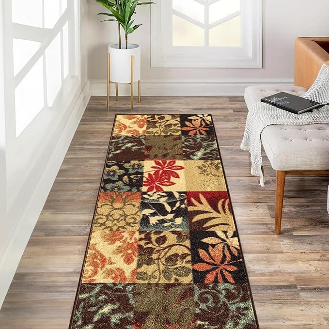Kapaqua Custom Size Brown Floral Boxes Rubber Backed Non-Slip Hallway Stair Runner Rug Carpet 31 inch Wide Choose Your Length 31in X 12ft