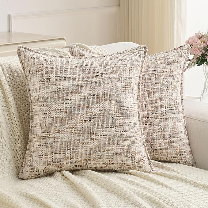FUTEI Beige Brown Decorative Throw Pillow Covers 22x22 Inch Set of 2,Soft Chenille Tweed Textured Cushion Case,Modern Home Decor for Couch Bed Living Room