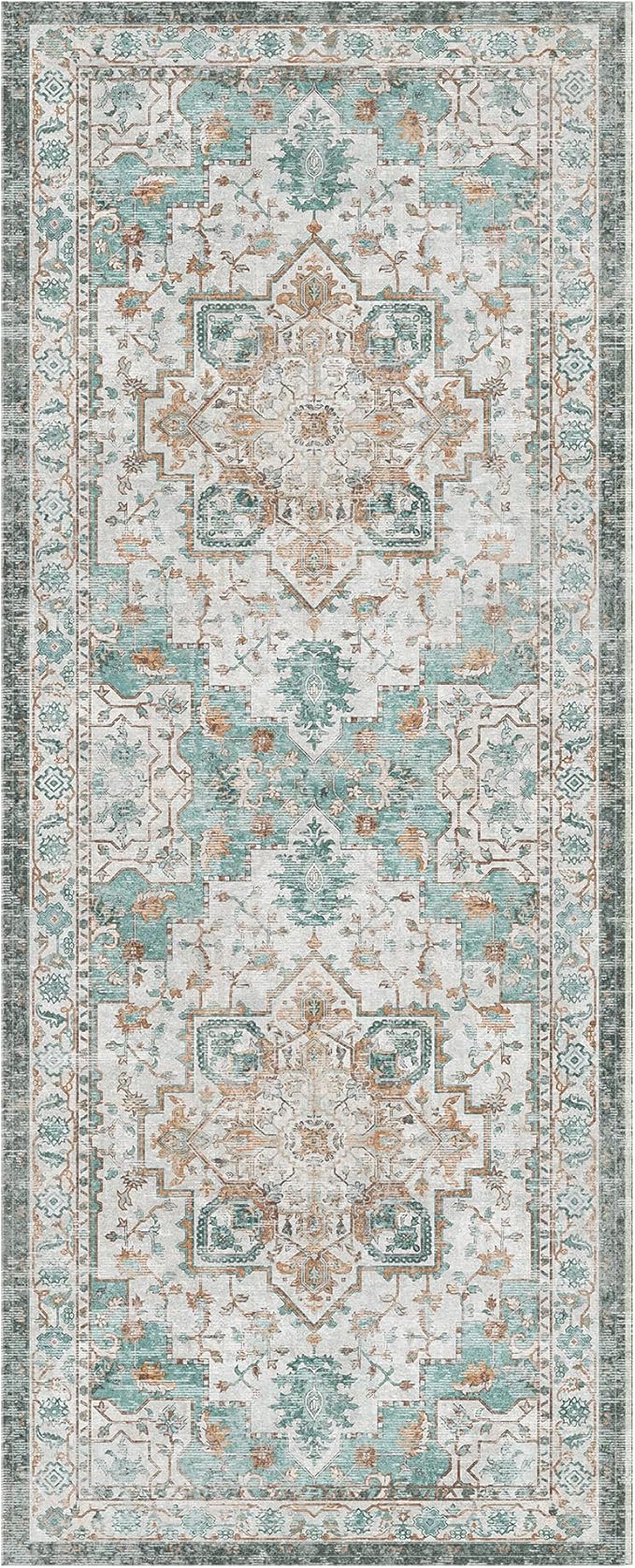 GENIMO 2‘6“x10 Runner Rugs for Hallway, Machine Washable Non Slip Vintage Rugs, Low Pile Lightweight Soft Print Rug for enrtyway, Corridor, Home Office, Kitchen, Cyan