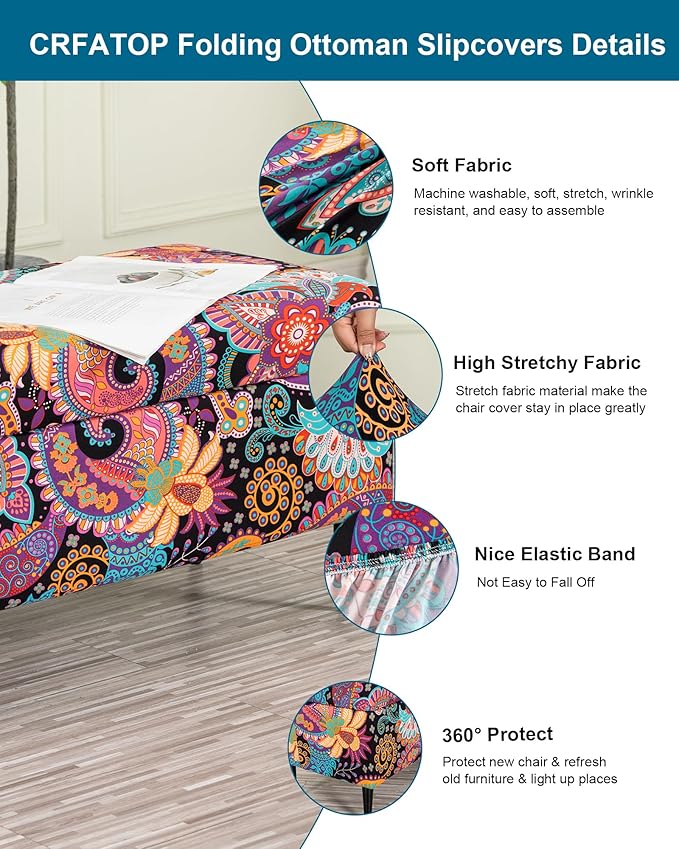 CRFATOP Printed Rectangle Ottoman Stool Cover Stretch Folding Storage Footstool Bench Slipcovers Upholstered Foot Chest Chair Covers Washable Entryway Furniture Protector with Elastic Bands,S,15