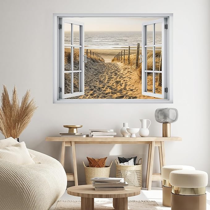 SIGNWIN Removable Wall Sticker/Wall Mural Window Sandy Trail Leading to Ocean Horizon Photography Realism Decorative Landscape Digital Art for Living Room, Bedroom, Office - 36"x48"