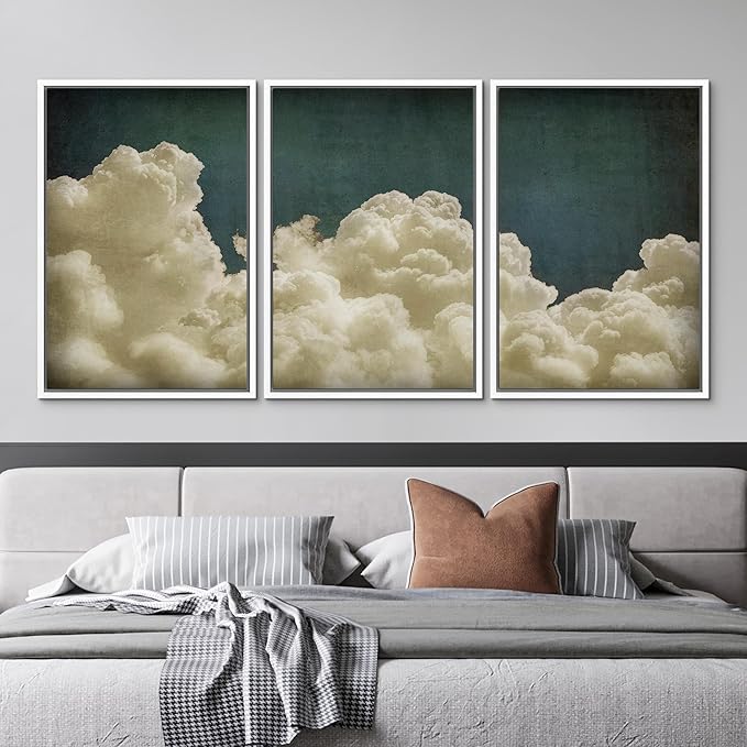 MUDECOR Framed Wall Art Print Set Vintage Cloudscape Dreamy Cotton Clouds Illustrations Modern Art Decorative Colorful Chic for Living Room, Bedroom, Office - 16"x24"x3 White