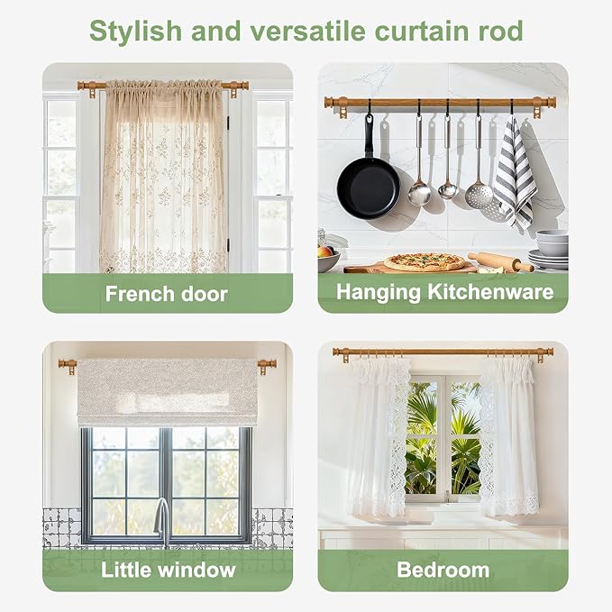 Sturdy Durable Curtain Rod:Faux Wood Curtain Rods for Windows 18-60",Adjustable Heavy Duty Curtains Rod for Bedroom/Kitchen/Apartment/Door,Small Decorative Farmhouse Boho Drapery Rods,All-Metal