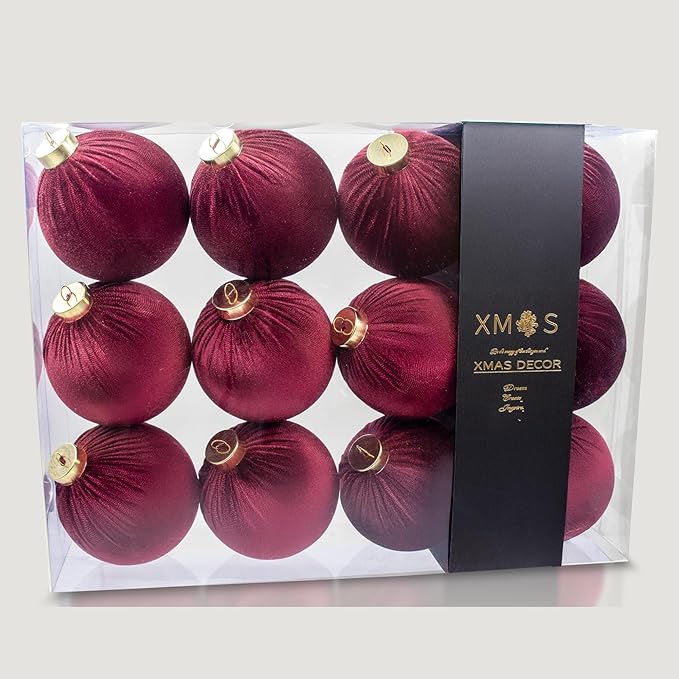 12PCS Red Velvet Christmas Ornaments Set – Large Flocked Shatterproof Baubles for Xmas Tree Decoration, Hanging Ornaments for Holiday & Home Décor (Burgundy Red, 4 Inch / 10 cm)