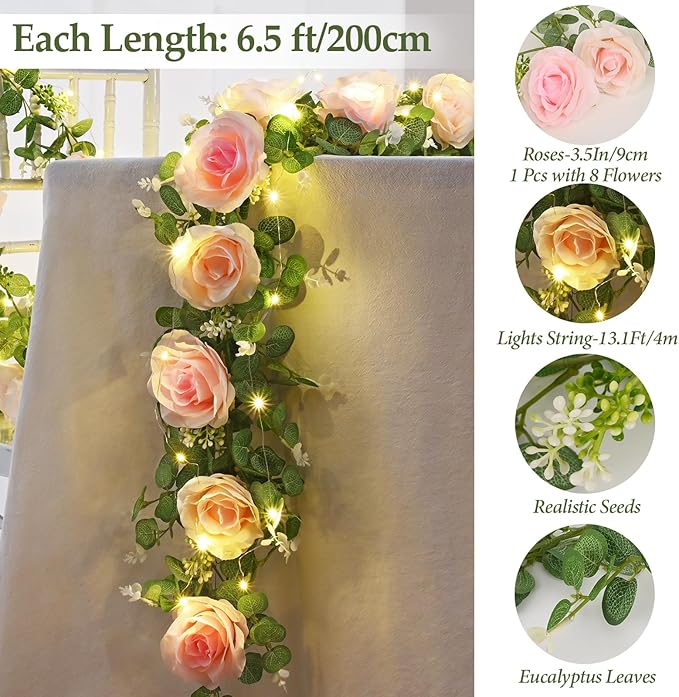Dolicer 2Pcs 13Ft Artificial Eucalyptus Garlands with Flowers - 8 Roses, Faux Floral Greenery Garlands with 13Ft String Lights Fake Flower Vines for Wedding Table Centerpieces Arch Party Decor (Pink)