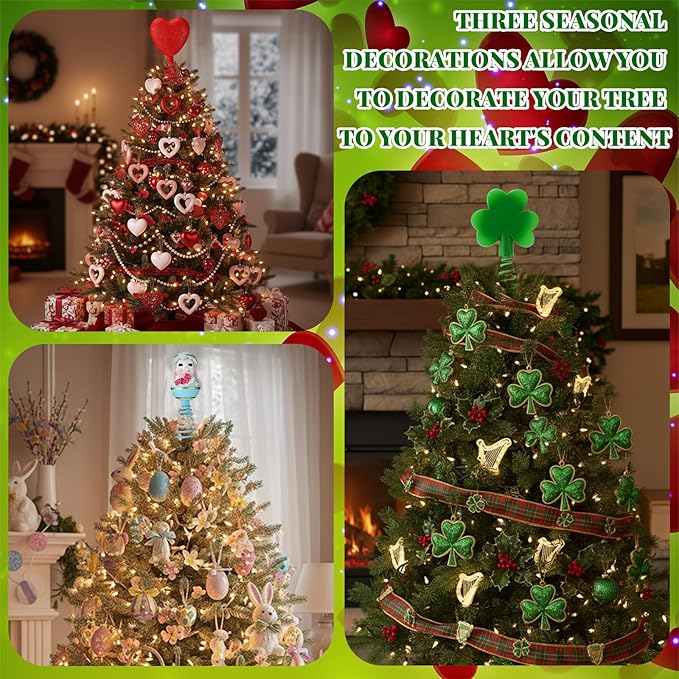 3pcs Valentines Easter St Patrick's Day Easter Mini Tree Topper Glitter Hearts Tree Topper Resin Shamrock Bunny Decorations for Holidays Festival Party Ornament Home Decoration