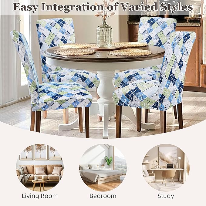 Sufdari Dining Chair Covers,Kitchen Chair Cover,Parsons Chair Slipcover,Spandex Chair Protectors for Dining Room Stretch Chairs Cover Set of 8 -Green Blue Plaid