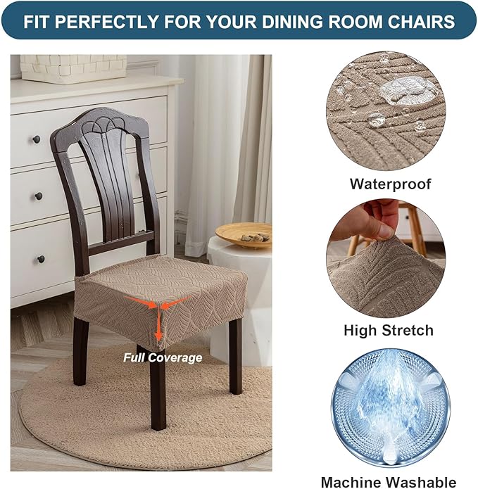 Removable and Washable Seat Covers for Dining Room Chairs Set of 6 - Waterproof Stretch Chair Seat Slipcovers, No Back Covers