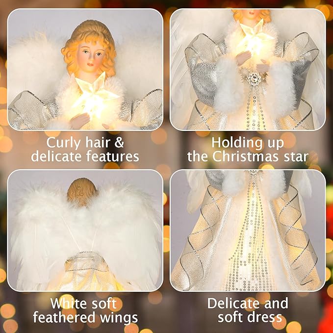 HMASYO Christmas Tree Topper Angel with Timer Lights, 12" Angel Tree Toppers with White Feather Wings, Star Light, Remote Control and USB Power Xmas Treetop Decor for Indoor Office Holiday Party