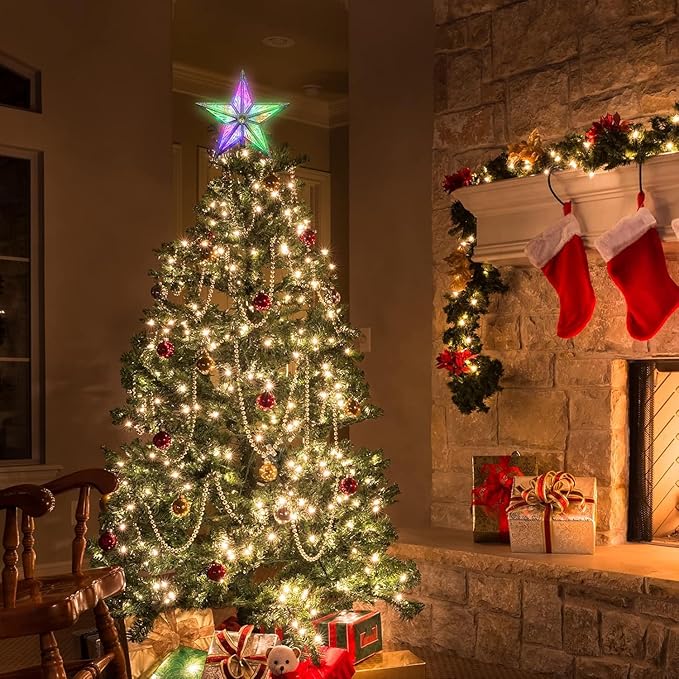 LAMPHOME 8" 10LED Christmas Tree Topper, 3D Golden Glitter Star Tree Toppers Christmas Decorations Light for Christmas Tree(Multicolor)