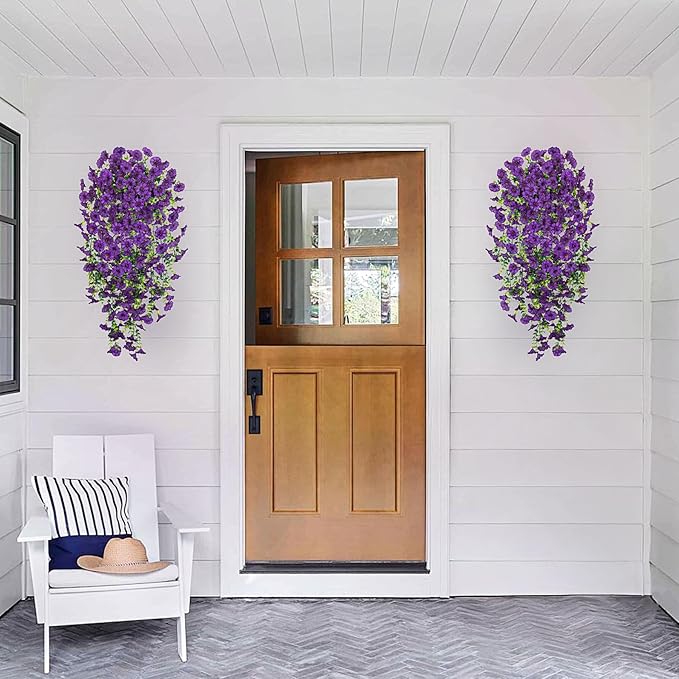 Artificial Hanging Flowers for Outdoor, 2pcs Fake Plants Long Vine Morning Glory Eucalyptus, UV Resistant Realistic Faux Greenery Indoor Outside Patio Porch Garden Spring Summer Decor, Dark Purple