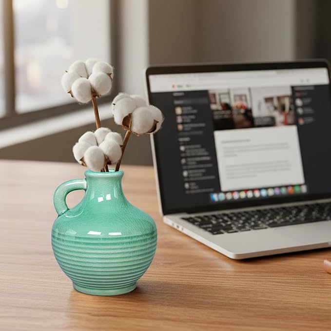 Sunddo Green Ceramic Vase 6 Inch - Small Decorative Vases with 1 Handle, Textured Modern Vase for Home Decor, Bathroom, Bedroom, Living Room, Centerpiece, Table Decor
