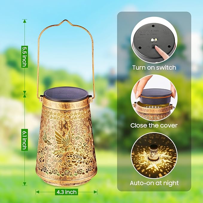 2 Pack Solar Lanterns Outdoor Waterproof Birthday Gifts for Women Mom Grandma, Hollowed-Out Metal Hummingbird Hanging Solar Lantern Lights Outdoor Decor, 2 Modes Lights Decor for Yard, Patio