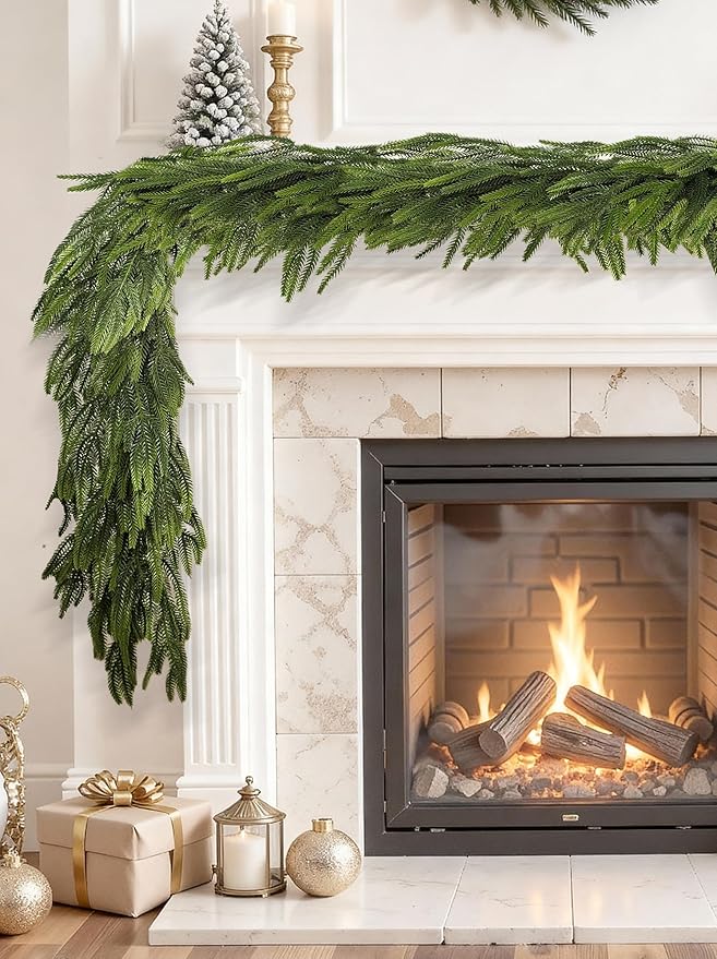 2 Pcs 6 Ft Christmas Garland Real Touch Norfolk Pine Garland Christmas Decorations Faux Realistic Winter Pine Garlands for Mantle, Table, Stairs, Doorframe, Fireplace Indoor Outdoor Holiday Xmas Decor