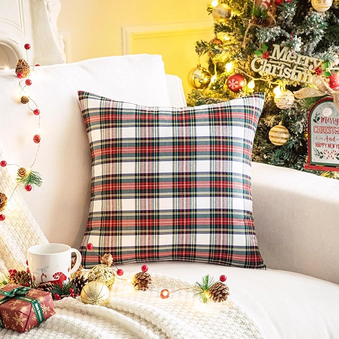 AQOTHES Pack of 2 Christmas Plaid Decorative Throw Pillow Covers Scottish Tartan Cushion Case for Farmhouse Home Holiday Decor Red and White, 22 x 22 Inches