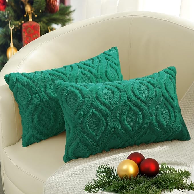 decorUhome Christmas Throw Pillow Covers 12x20 Inch Set of 2, Soft Plush Faux Wool Green Solid Couch Pillow Covers, Accent Farmhouse Neutral Square Pillow Cases for Sofa Bed Living Room