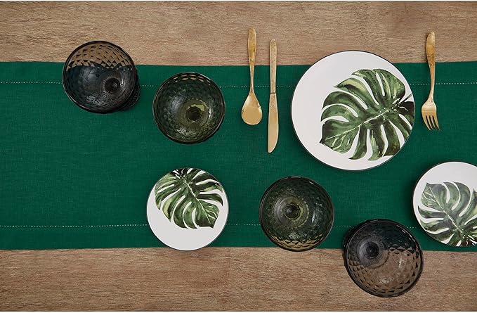Solino Home Linen Rainforest Green Hemstitch Table Runner 36 Inches - 100% Pure Linen Small Table Runner 14 x 36 Inch Ideal for Dresser and Coffee Tables, St Patricks Day - Classic Hemstitch